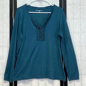 Eddie Bauer Teal Ruffled V-Neck Hook Front Tee Top XL Long Sleeve Ribbon Trim